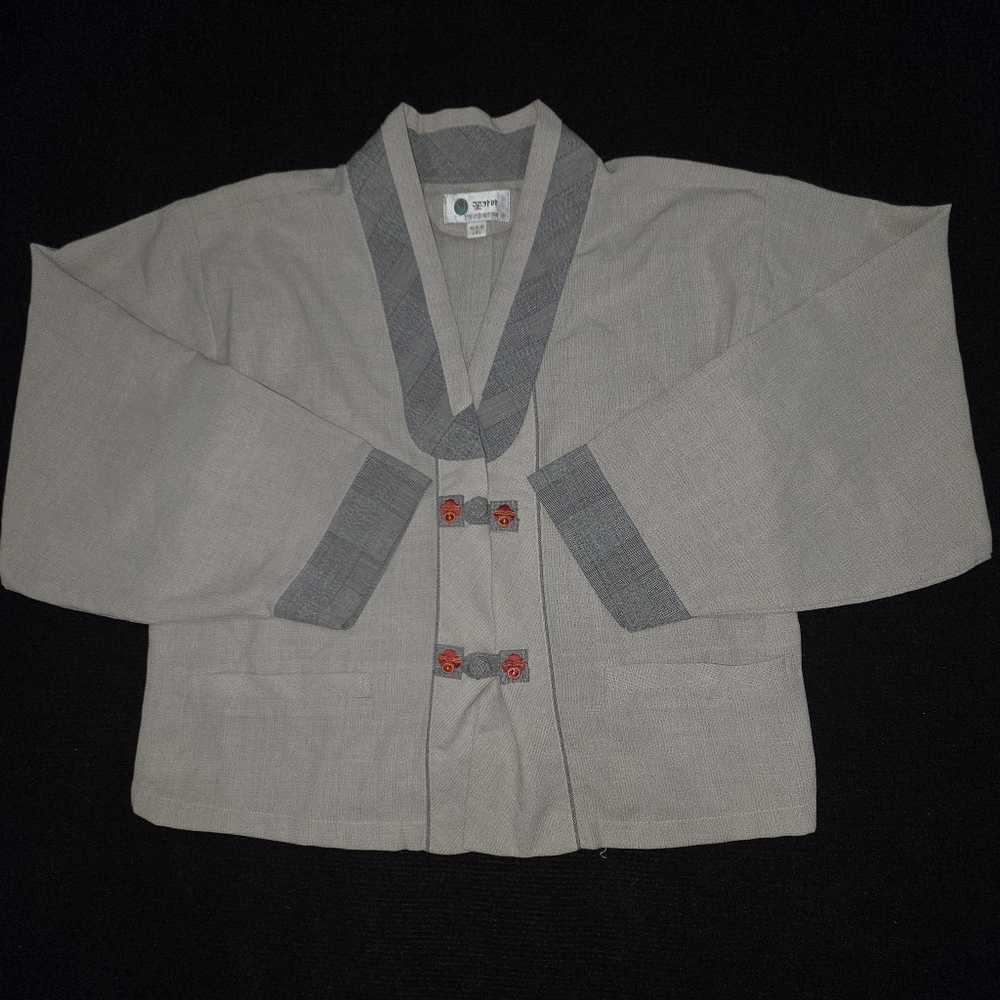 Vintage Kkaotgama Modern Hanbok Jeogori Jacket Gray Cream Small Red Accents